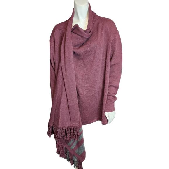 NWT Cabi Maroon & Gray Fringe Wrap Sweater (L) - Picture 4 of 7